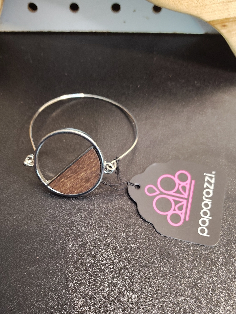 Paparazzi Silver Tone Bangle with Brown Wood Inset